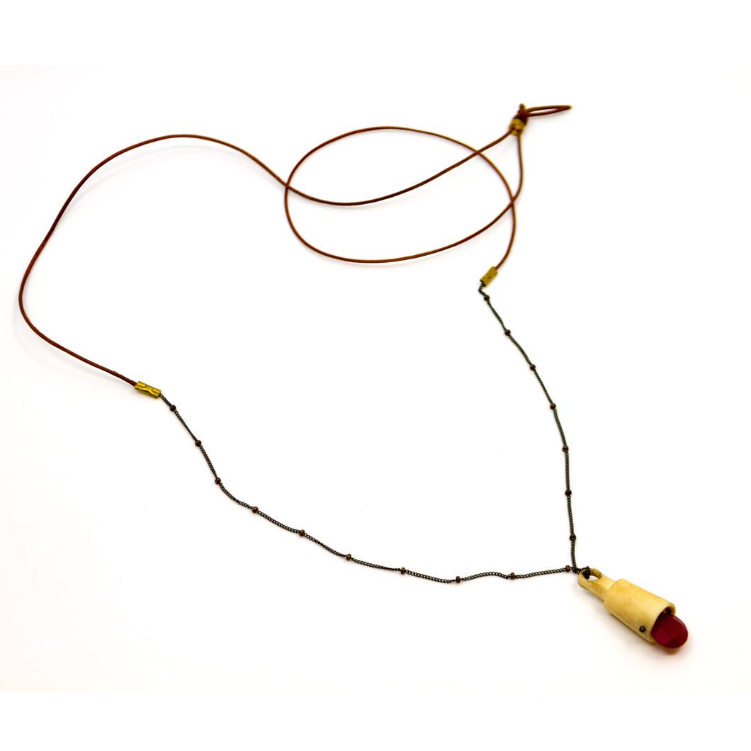 Leather Antler Stone Drop Layering Necklace - Ruby