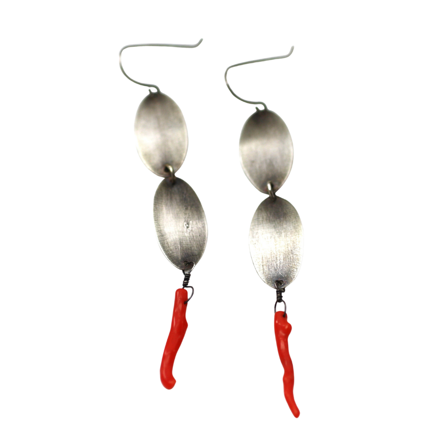 Tiered Brushed Oval Drop Earrings - Coral