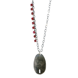Formed Oval + Micro Stone Pendant Necklace - Ruby