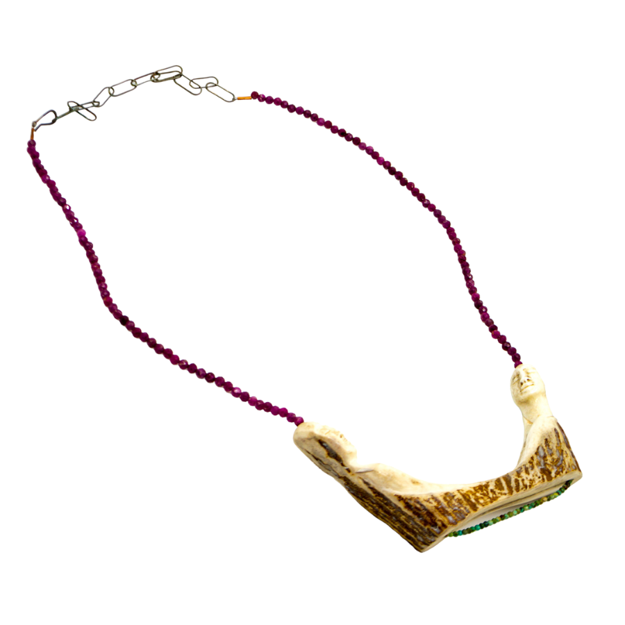 Carved Antler Twin Pendant Micro Stone Necklace - Ruby